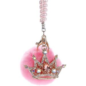 Pink Bling Car Charm Furry Pom Pom Crown Pearl Chain Rear View Mirror Accessory